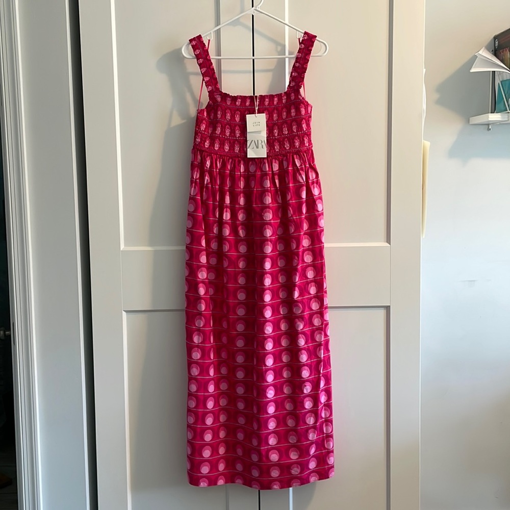 Printed Pink Midi Dress, Zara; Medium